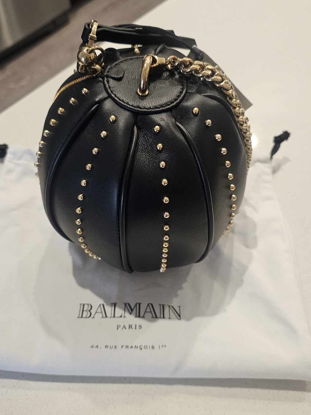 Balmain Black Leather Studded Mini Moon Bag with Gold Chain